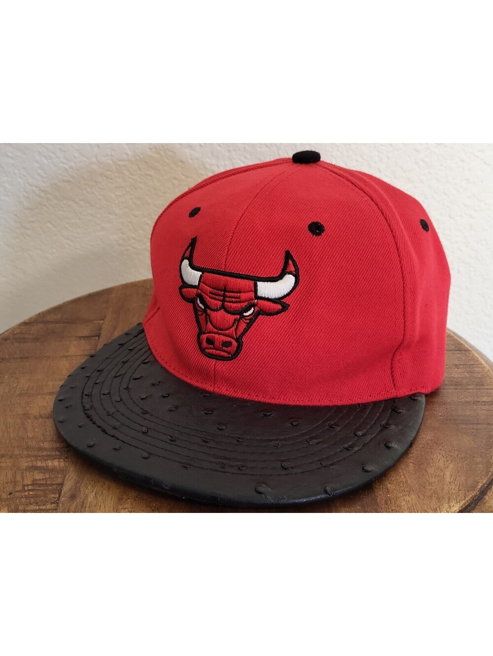 Chicago Bulls NBA Snapback Hat Cap Patch Black and Red Faux Ostrich Bill